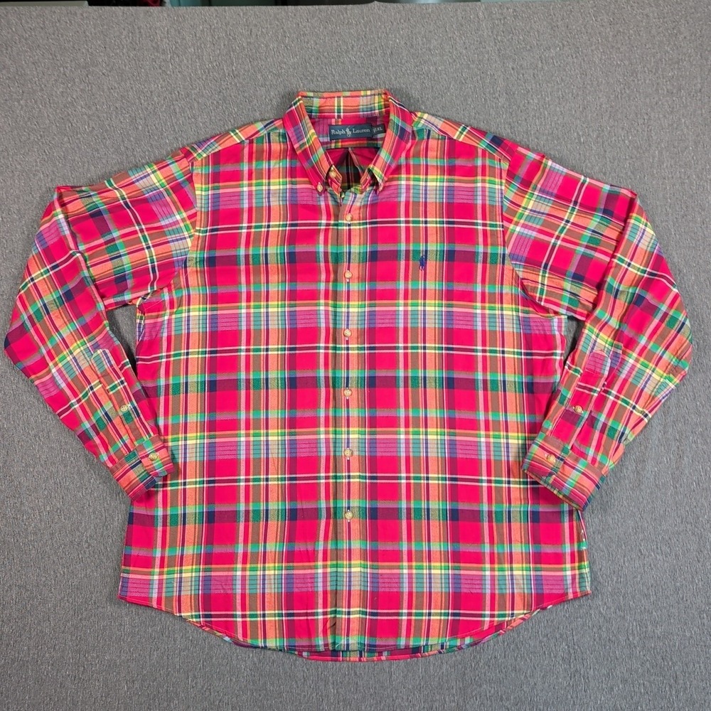 Ralph Lauren Button Shirt Mens XL L/S Oxford Classic Red Madras Plaid‎ EUC